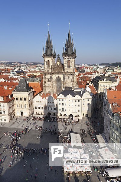 View over the Old Town Square (Staromestske namesti) with Tyn Cathedral and street cafes  Prague  Bohemia  Czech Republic  Europe