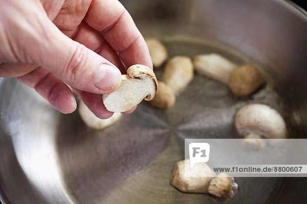 a hand holds a button mushroom above a pot for mushroom cream soup
