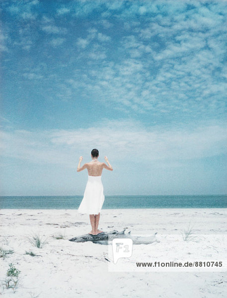Frau balanciert auf Treibholz am Strand  Rückansicht
