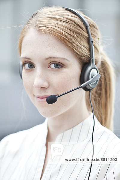 Operator wearing phone headset