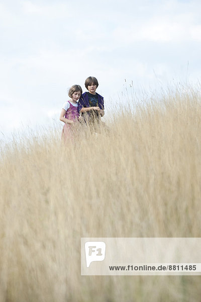 Young siblings walking together through tall grass