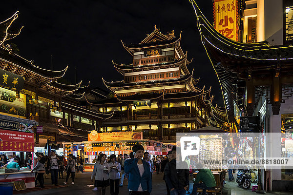 Historic centre with traditional buildings at night  illuminations  Shanghai  China