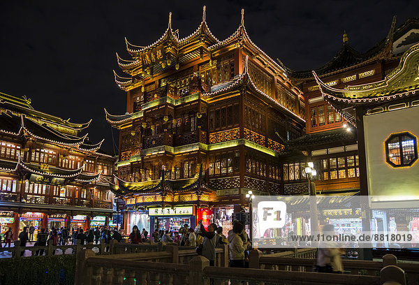 Historic centre with traditional buildings at night  illuminations  Shanghai  China