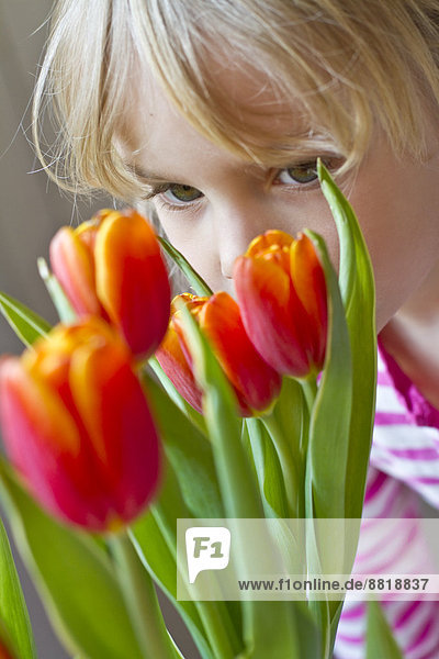 Gesicht eines Mädchens hinter Tulpen