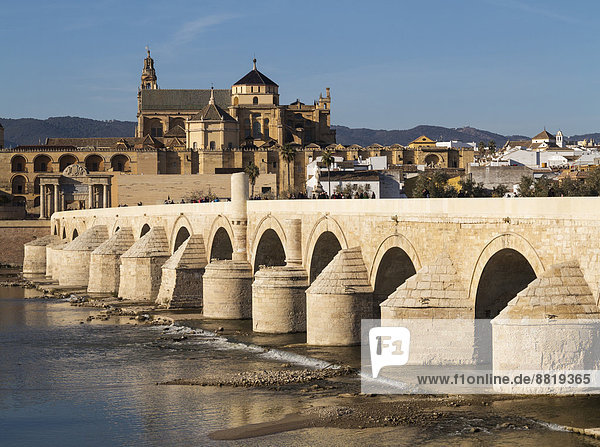 Puente Romano  spanning the Guadalquivir river  and the Mezquita at the back  Córdoba  Córdoba province  Andalusia  Spain