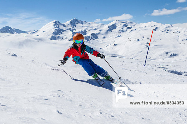 Switzerland  Grisons  Obersaxen  Boy skiing
