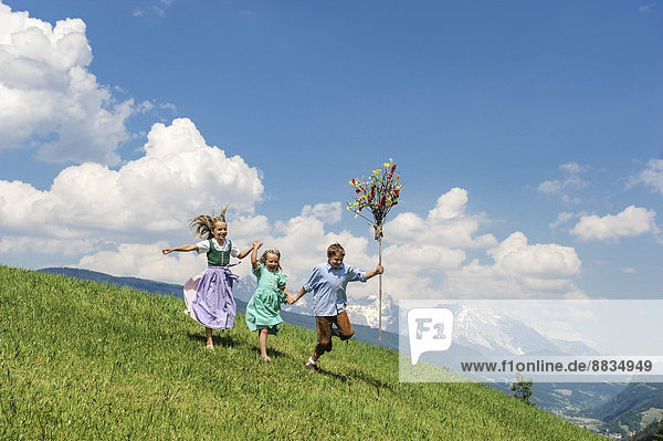 Austria  Salzburg State  Altenmarkt-Zauchensee  three children with Palmbusch running on alpine meadow