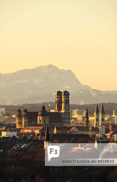 Skyline mit Frauenkirche und Ludwigskirche  hinten die Zugspitze  München  Oberbayern  Bayern  Deutschland