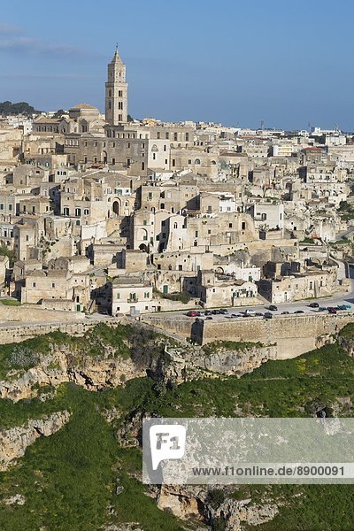 View of the ravine and the Sassi area of Matera with Matera Cathedral  Matera  Basilicata  Italy  Europe