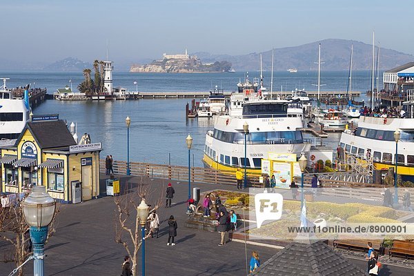 Fisherman's Warf with Alcatraz in the background  San Francisco  California  United States of America  North America