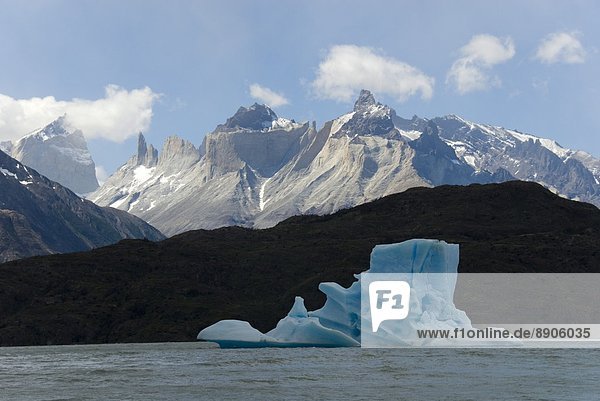 Monte Almirante Nieto  with iceberg on Lago de Grey  Torres del Paine National Park  Patagonia  Chile  South America