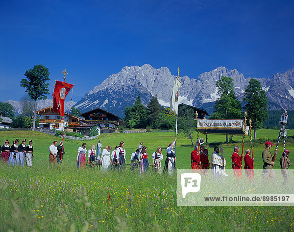 Corpus Christi procession at Wilder Kaiser  Going  Tyrol  Austria
