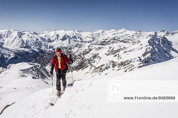 Ski tourer standing on the summit ridge of Laaser Spitze mountain  Stelvio National Park  Veneziaspitze mountain  Zufallspitze mountain and Monte Cevedale at the back  the Martell Valley below  Vinschgau  Province of South Tyrol  Italy