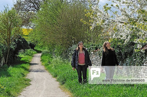 two women walking outside the village of Houdan  Yvelines department  Ile-de-France region  France  Europe.