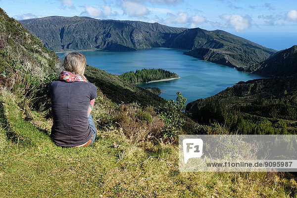 Portugal  Azores Sao Miguel  Tourist looking at view