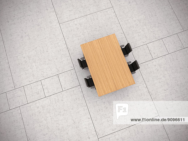 Konferenztisch und vier Bürostühle auf Betonboden  3D-Rendering