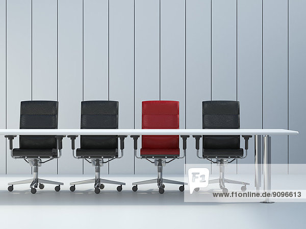 Vier Bürostühle und Konferenztisch vor grauer Wandplatte  3D-Rendering