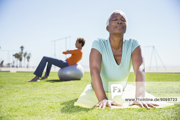 Frauen beim Yoga im sonnigen Park