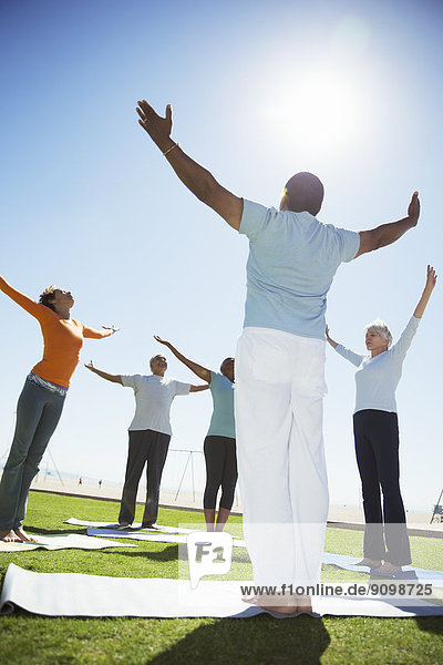 Seniors practicing yoga in sunny park
