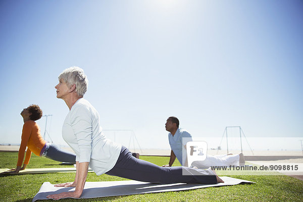 Senioren beim Yoga im sonnigen Strandpark