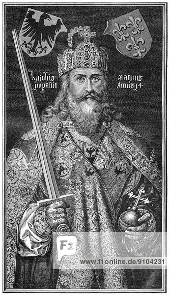 Charlemagne or Charles the Great with the Imperial Regalia  747-814  King of the Franks and Emperor of the Romans  Carolingian dynasty