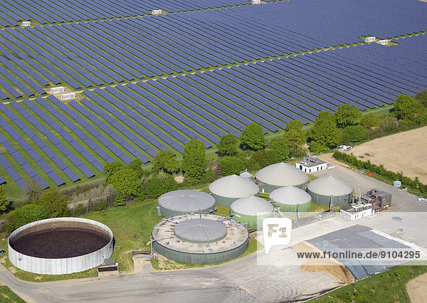 Biogas plant plant and a solar array  two renewable energy systems  Elmenhorst  Lauenburg  Schleswig-Holstein  Germany