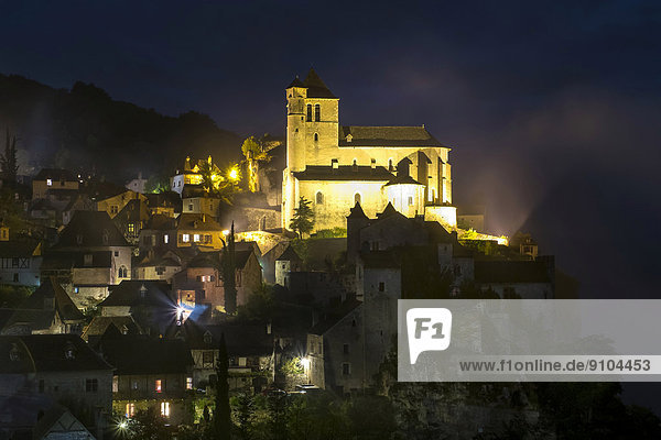 Townscape at night Saint-Cirq-Lapopie Lot Department Midi-Pyrénées France