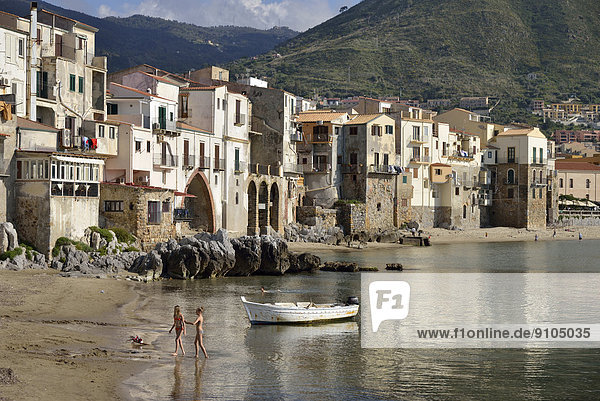 Beach and houses of the historic centre  Cefalù  Province of Palermo  Sicily  Italy