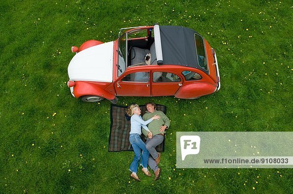 Overhead-Ansicht eines reifen Paares auf einer Picknickdecke