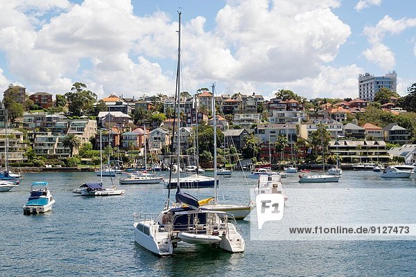 Fischereihafen Fischerhafen Wasser Hafen Wohnhaus Gebäude Boot vertäut Australien New South Wales Sydney