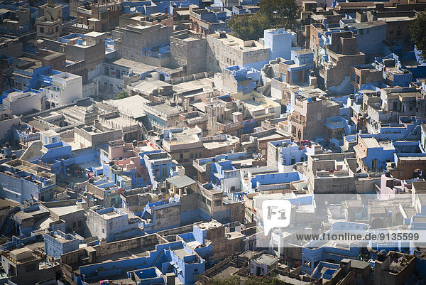 Looking down on the 'Blue City' Jodhpur from Mehrangarh Fort  Rajasthan State  Jodhpur India