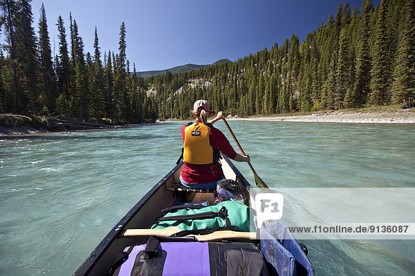 Woman paddling in bow of canoe on Kootenay River Kootenay National Park BC Canada.