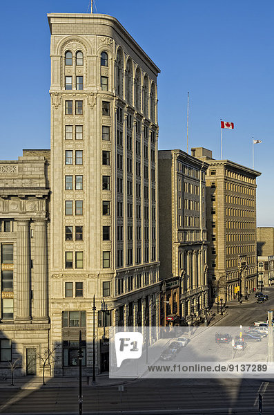 Old heritage buildings along Main Street downtown Winnipeg  Manitoba  Canada.