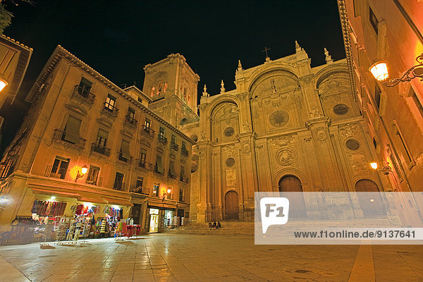 Facade of the Cathedral on Plaza de las Pasiegas at night  City of Granada  Province of Granada  Andalusia (Andalucia)  Spain  Europe.
