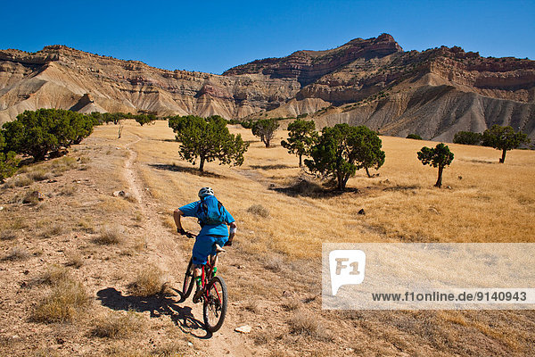 A male mountain biker riding the epic Edge Loop in 40 degree celsius heat  Fruita  CO
