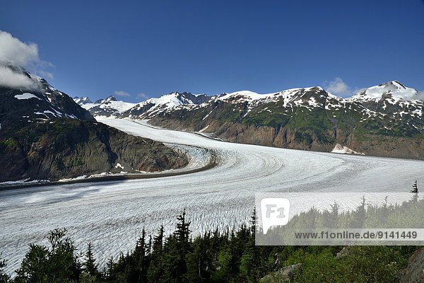 A horizontal view of the center arm of the Salmon Glacier as it winds its way between the rugged mountains of northern coastal British Columbia Canada.