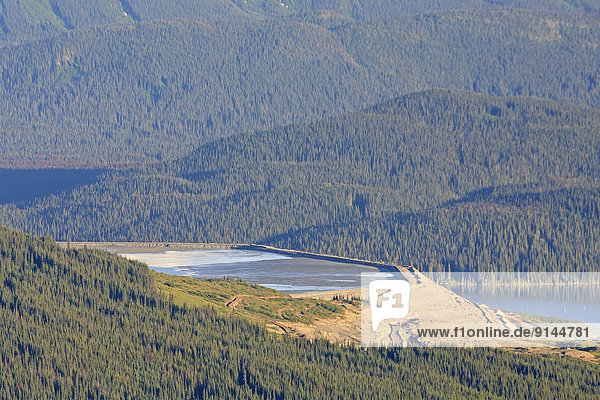 Tailings impoundment for Huckleberry open pit copper mine  Tahtsa Reach  British Columbia