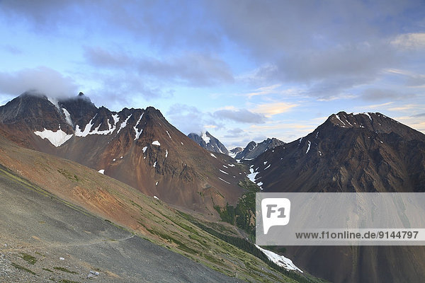 View from old Red Rose mine towards Tiltusha and Brian Boru Peaks in northwest British Columbia
