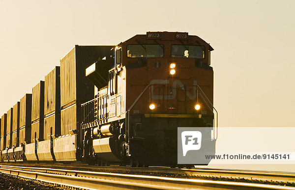 locomotive pulling rail cars carrying containers  near Winnipeg  Manitoba  Canada