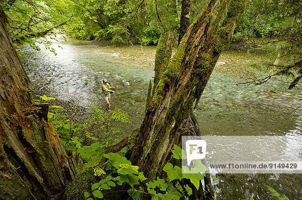 A young woman fly-fishing for trout on the Saloompt River  Bella Coola  British Columbia