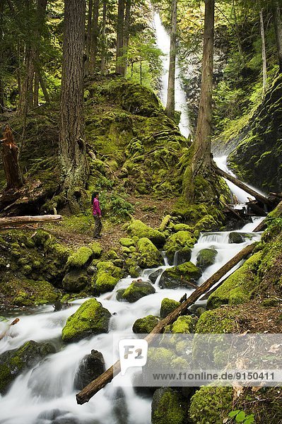 Woman standing near Lupin Falls in Strathcona Provincial Park  Vancouver Island  BC. Model release signed.