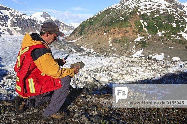 Geologist exploring for minerals  Salmon Glacier area  Stewart  British Columbia