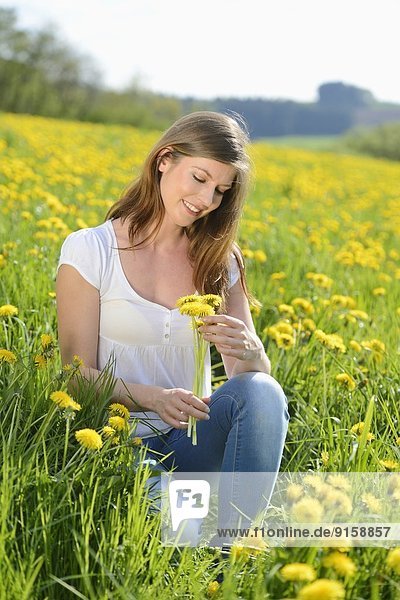 Junge Frau in einer Blumenwiese  Bayern  Deutschland  Europa
