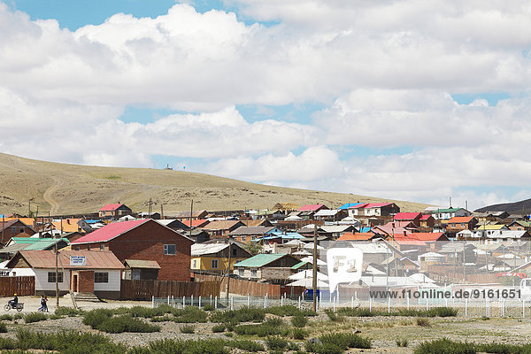 Yurts and colorful houses in the Aimag centre of Arvaikheel  Övörkhangai Province  Mongolia