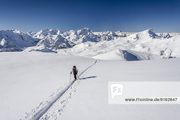 Ski touring in the ascent to the Seekofel in the Fanes-Sennes-Prags Nature Park in the Dolomites  behind the Fanes area with Piz de Lavarela  Conturines  Piz de Sant Antone and Neuner  right  the Sienese Karspitze  St. Vigil  Val Badia  Province of South Tyrol  Italy