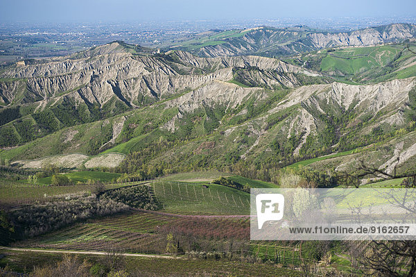 Hügellandschaft mit Erosionstälern  Ausläufer des Apennin-Gebirges  hinten Küstenebene der Adria  Brisighella  Emilia-Romagna  Italien