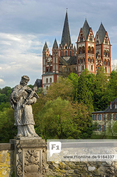 Dom St. Georg oder Georgsdom  Statue des hl. Nepomuk auf der Alten Lahnbrücke  Limburg an der Lahn  Hessen  Deutschland