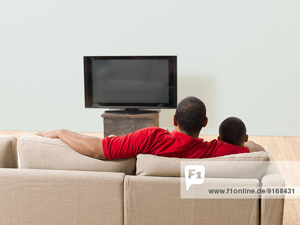 Father and son watching television in living room