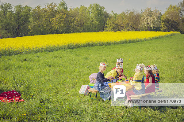 Sechs Kinder mit Papierkronen zum Geburtstag auf einer Wiese