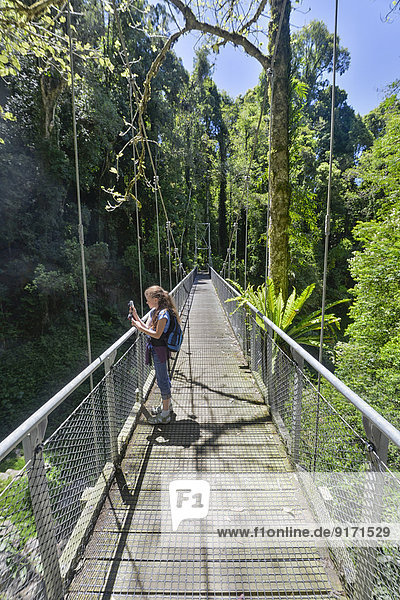 Australien  New South Wales  Dorrigo  Mädchen steht auf einer Hängebrücke im Regenwald des Dorrigo Nationalparks